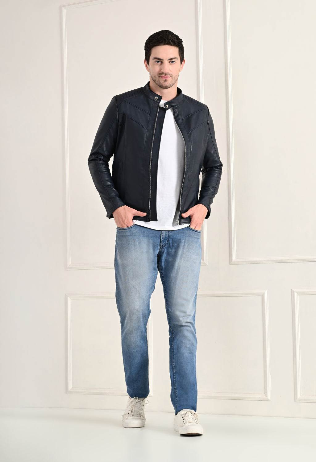 Mandarin Collar Leather Anti Odour Blue Jacket for Men