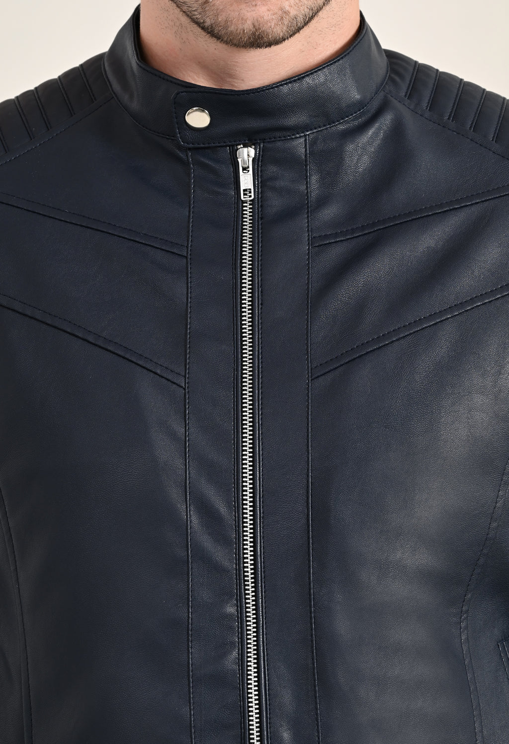 Mandarin Collar Leather Anti Odour Blue Jacket for Men