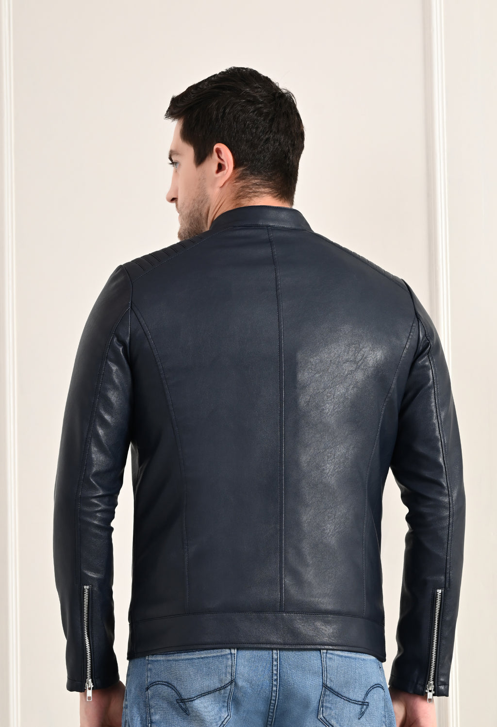 Mandarin Collar Leather Anti Odour Blue Jacket for Men