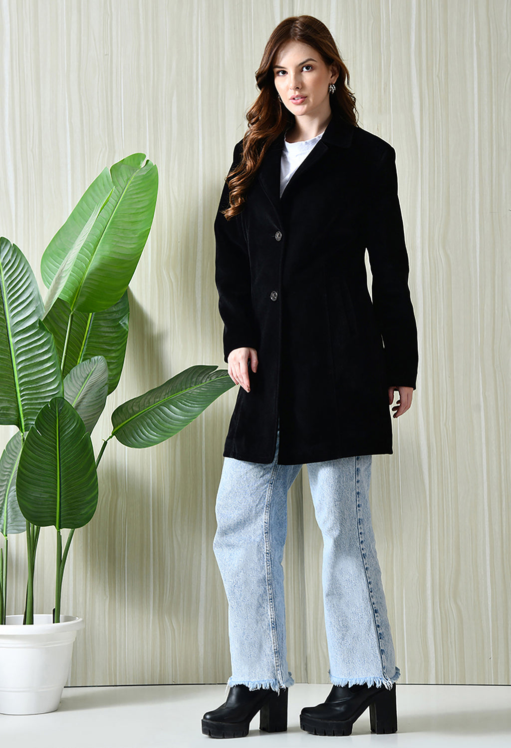 Notched Lapel Longline Trench Black Coat For Women