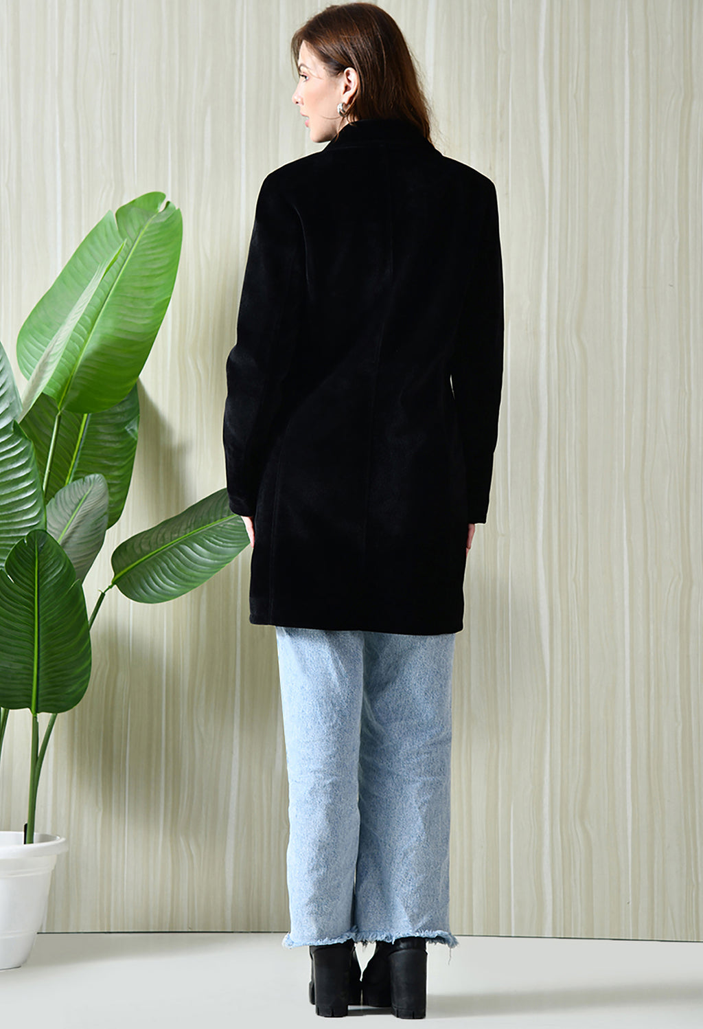 Notched Lapel Longline Trench Black Coat For Women