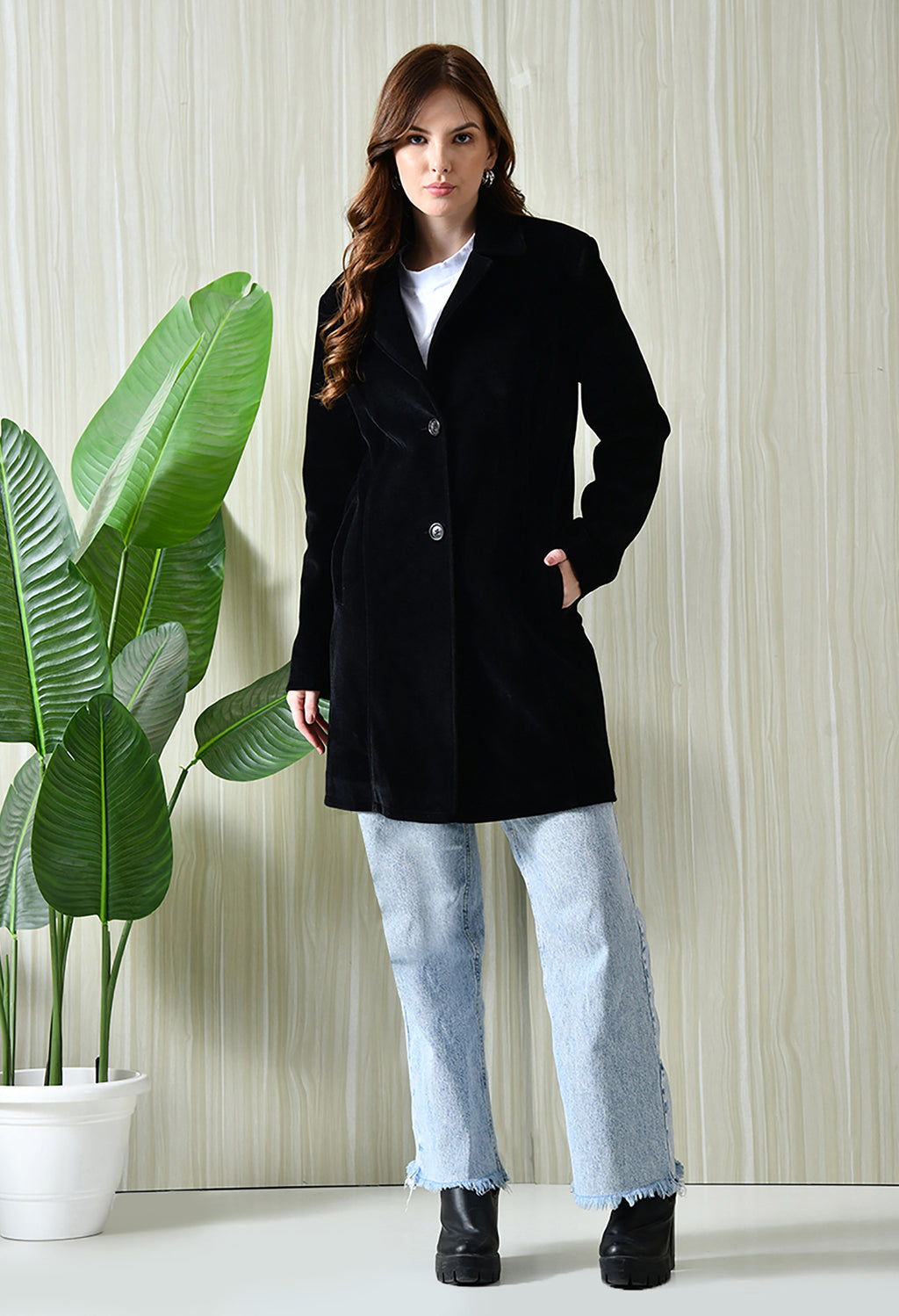 Notched Lapel Longline Trench Black Coat For Women
