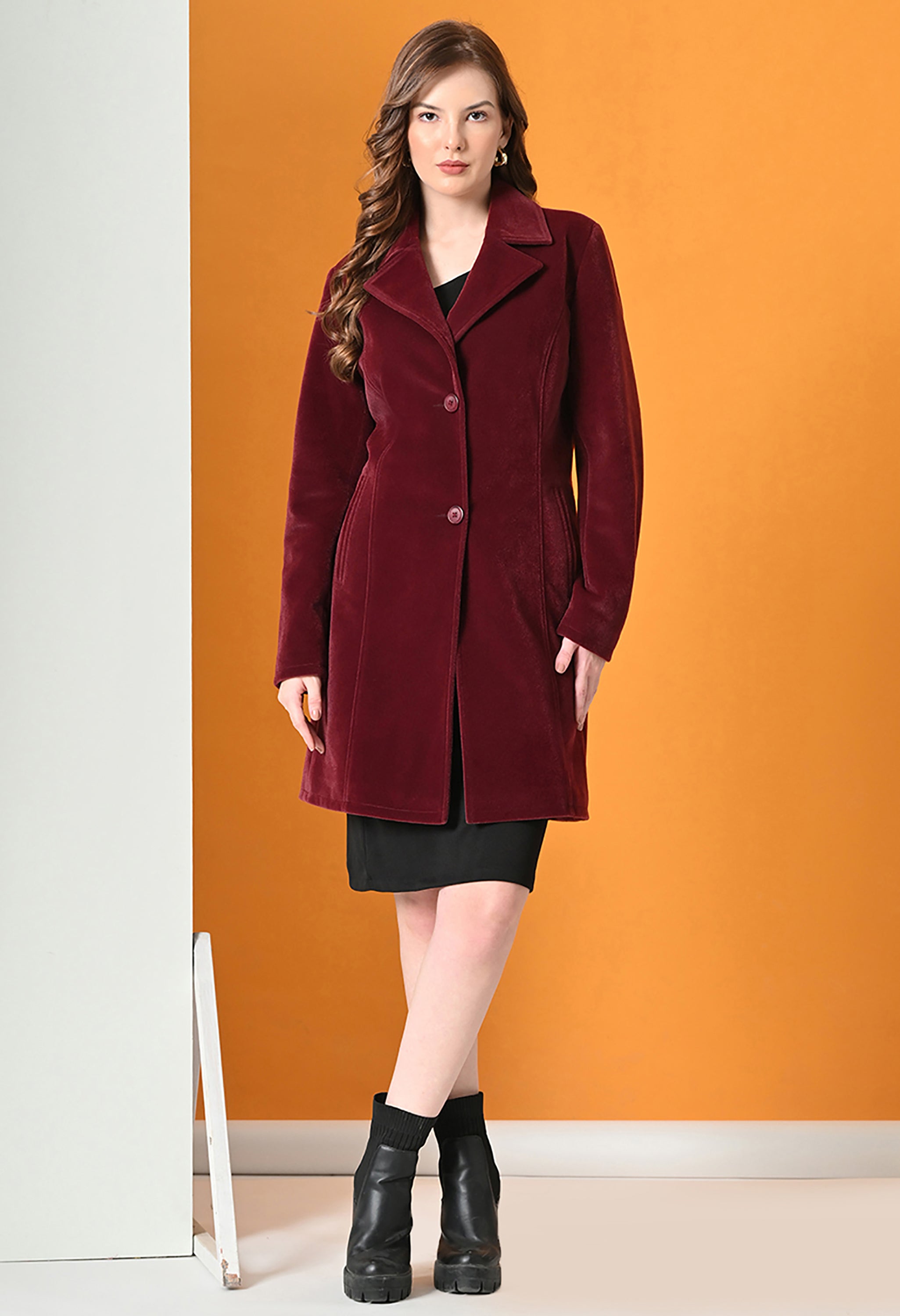 Notched Lapel Longline Trench Maroon Coat For Women
