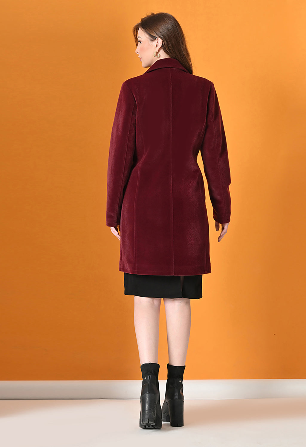Notched Lapel Longline Trench Maroon Coat For Women