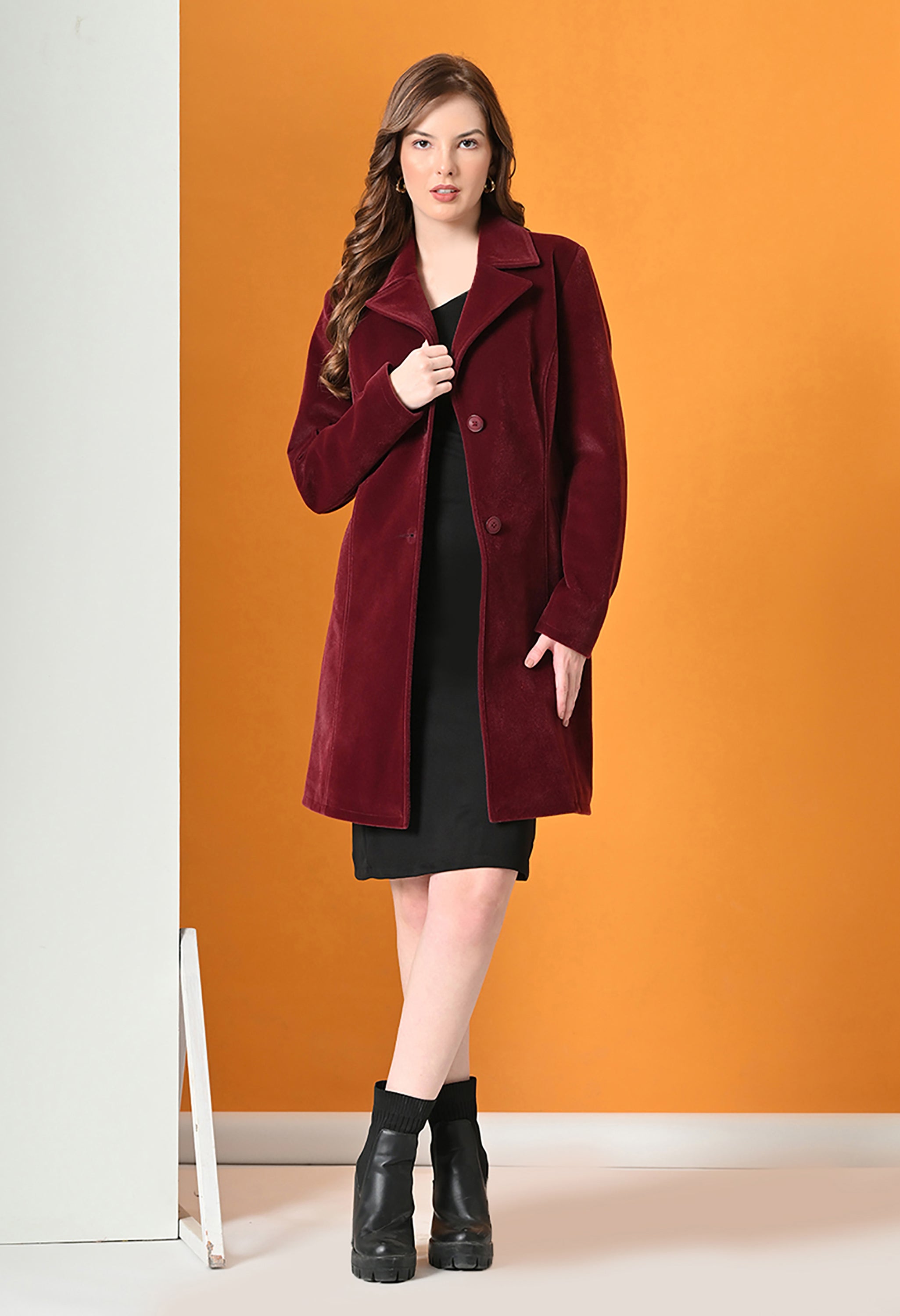 Notched Lapel Longline Trench Maroon Coat For Women