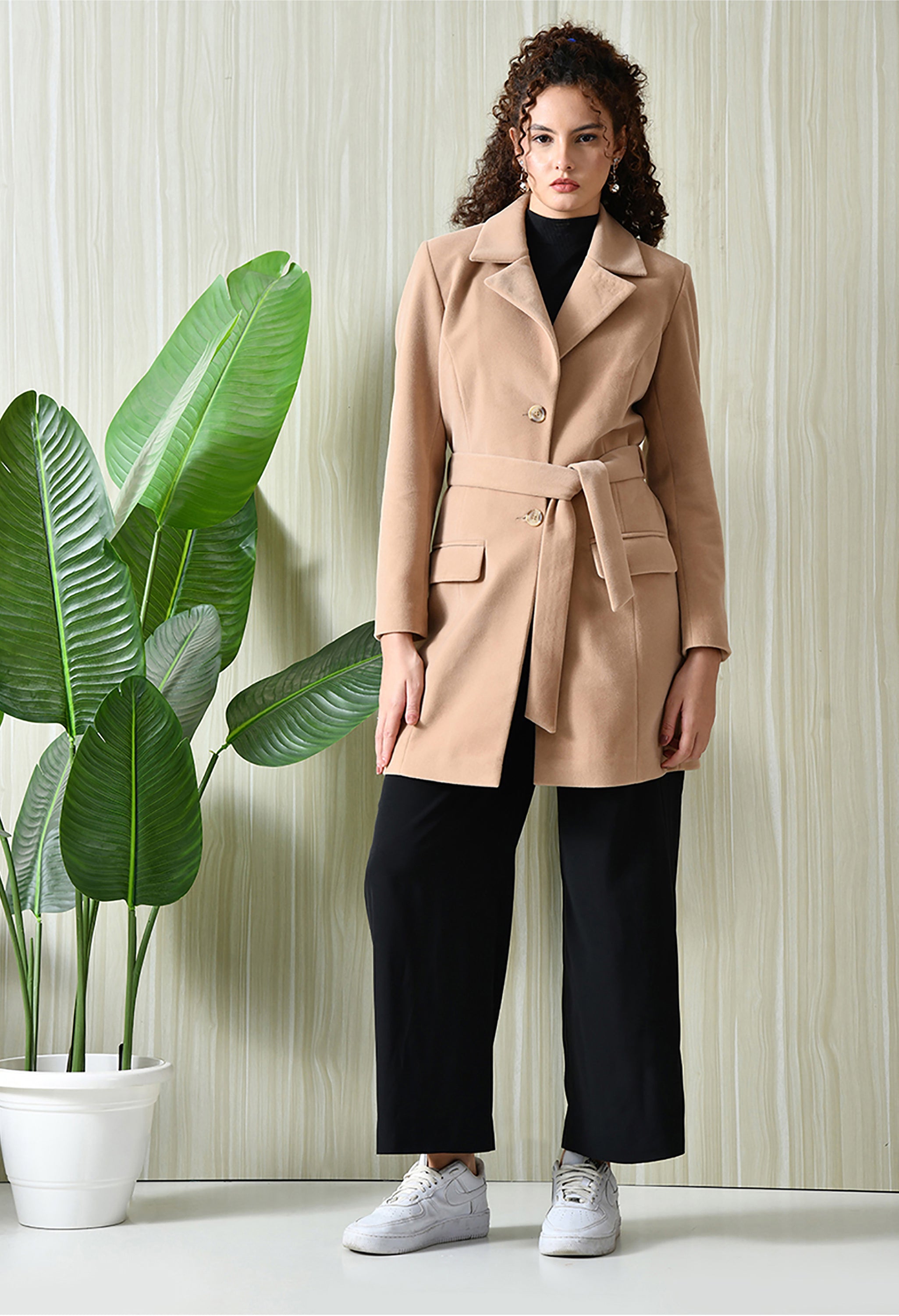 Women Single-Breasted Longline Trench Beige Coat With Belt