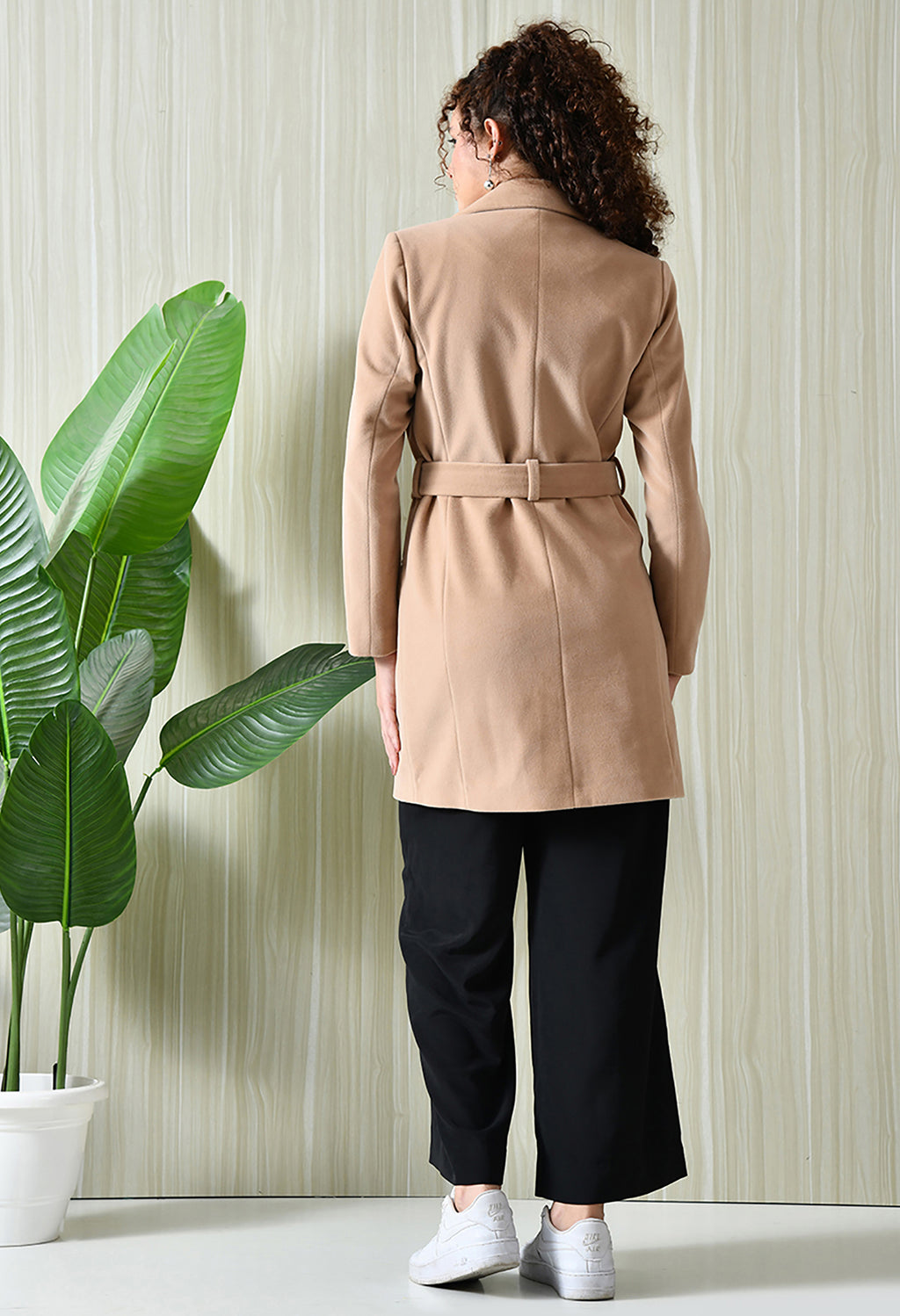 Women Single-Breasted Longline Trench Beige Coat With Belt