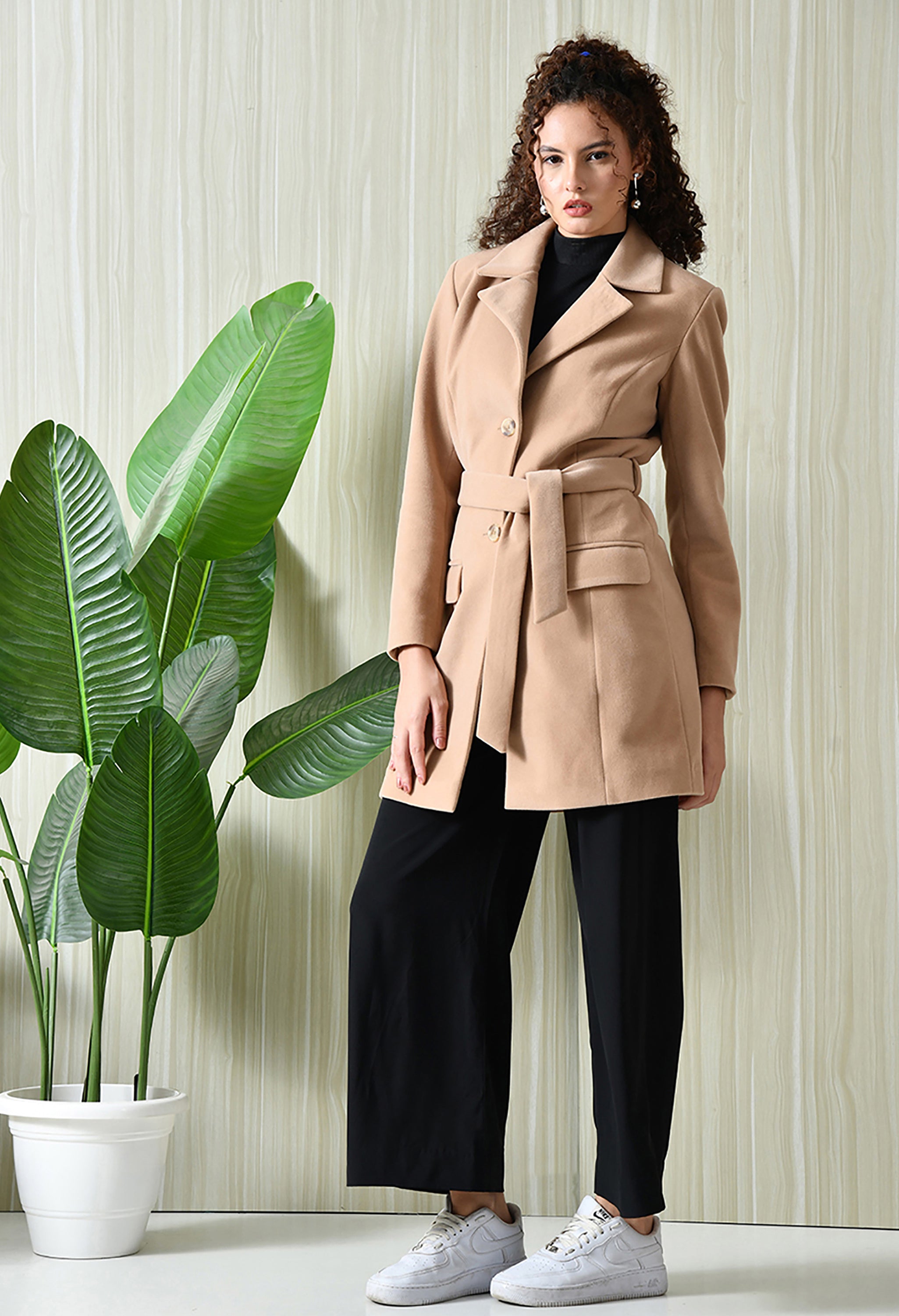 Women Single-Breasted Longline Trench Beige Coat With Belt