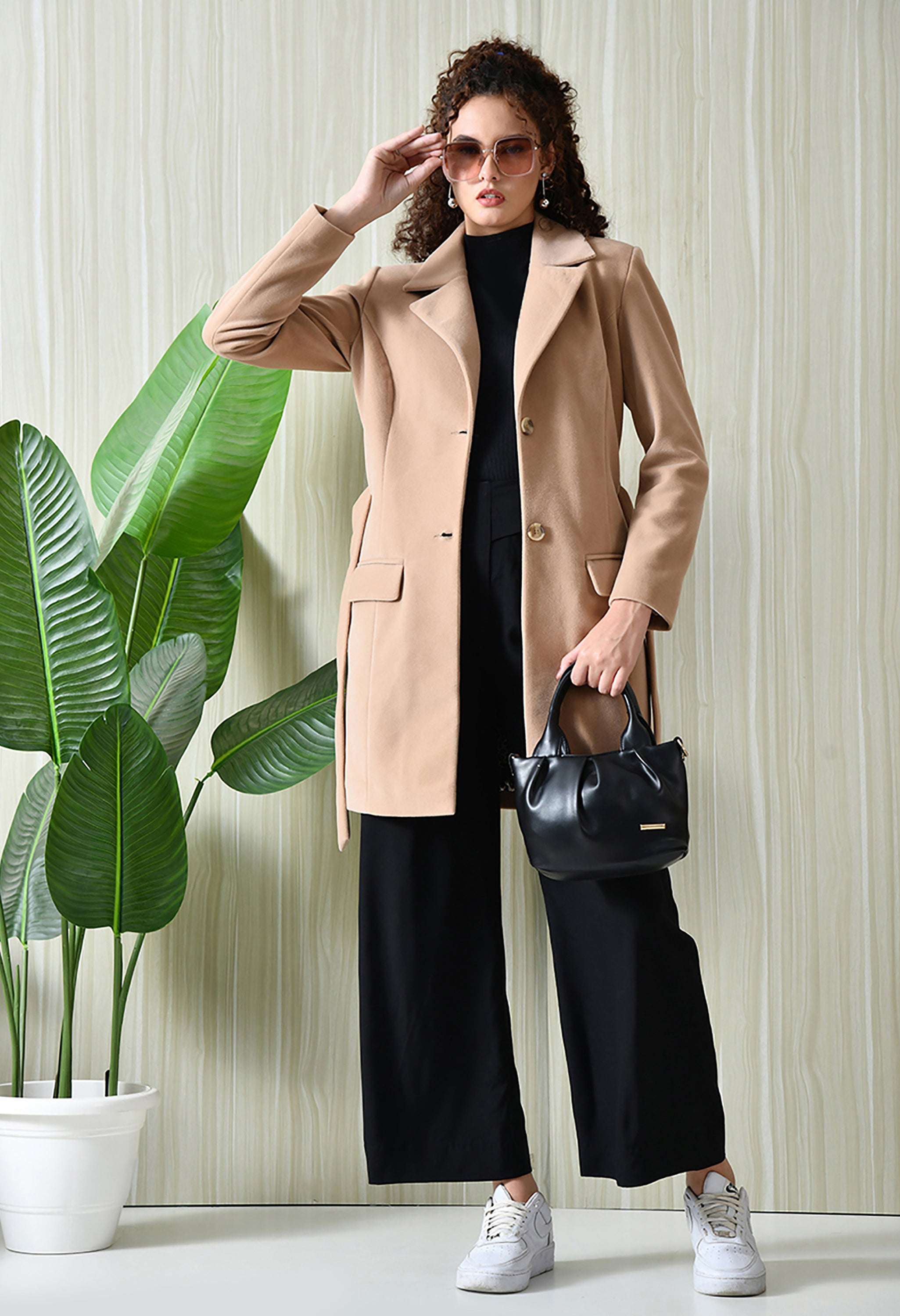 Women Single-Breasted Longline Trench Beige Coat With Belt