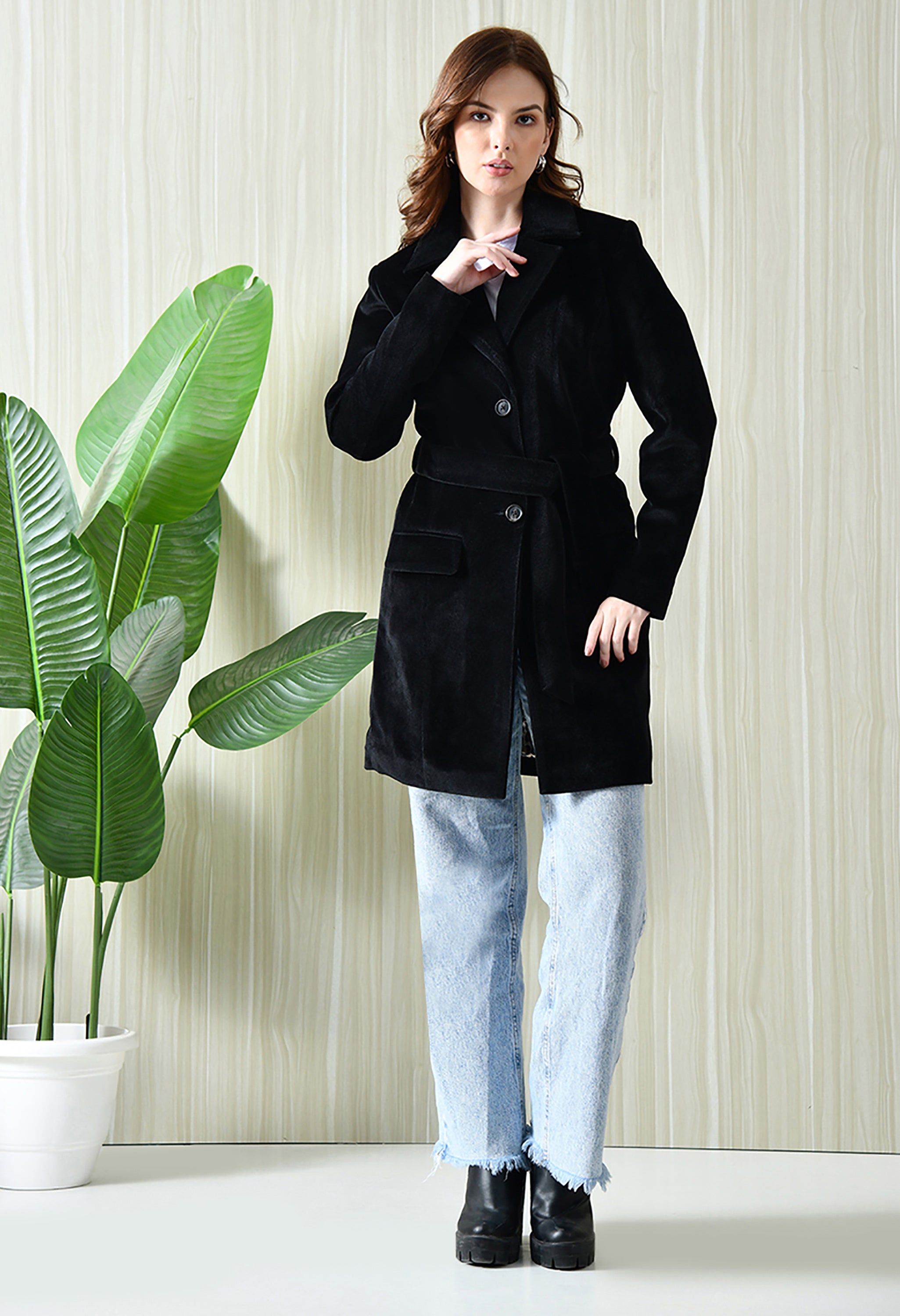 Women Single-Breasted Longline Trench Black Coat With Belt