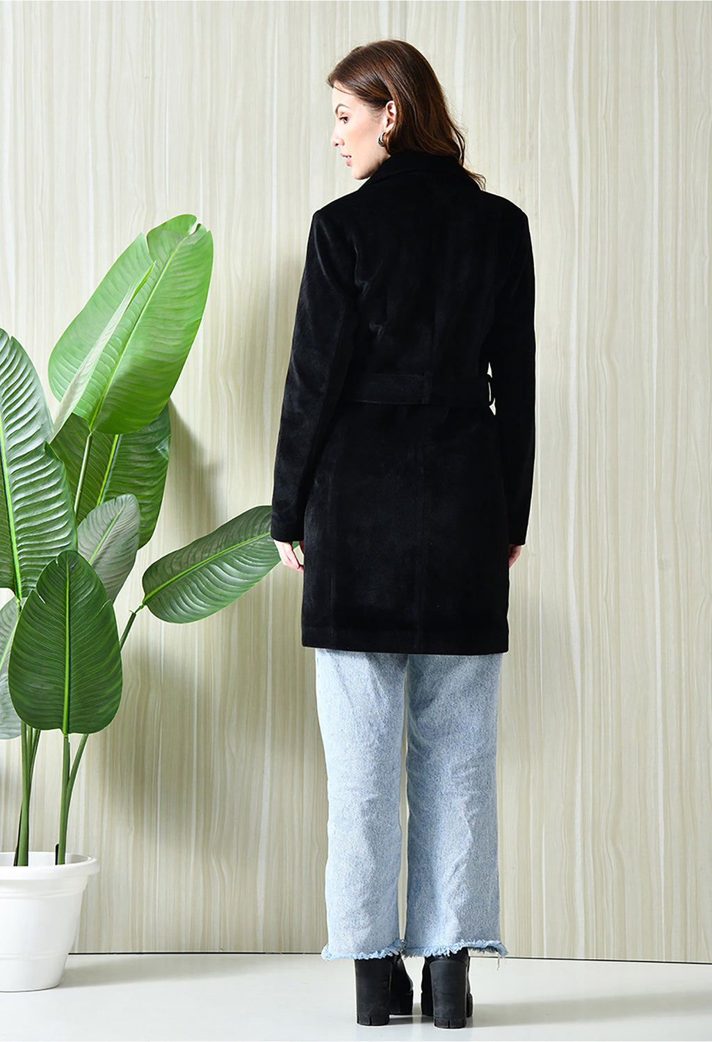 Women Single-Breasted Longline Trench Black Coat With Belt