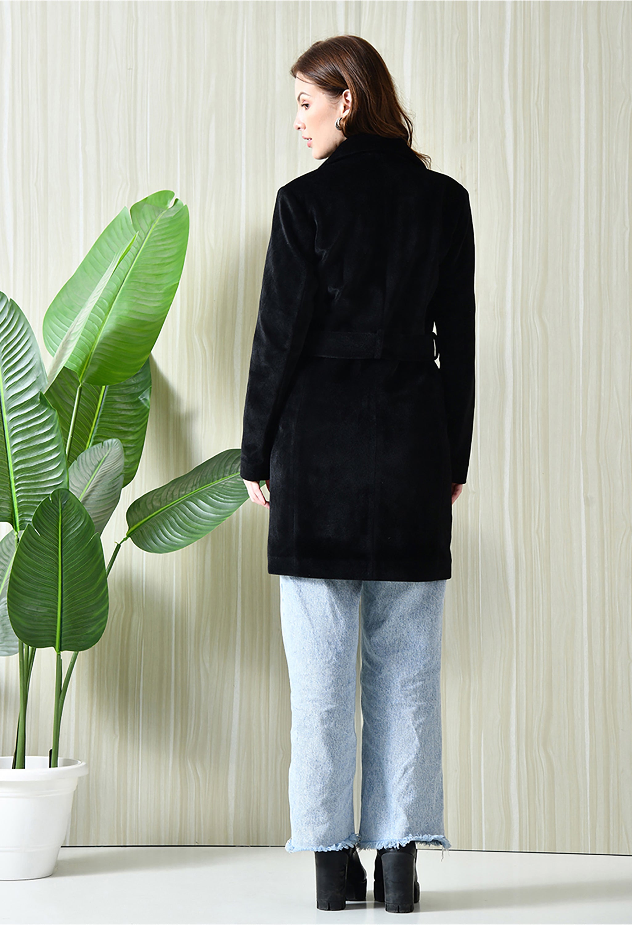 Women Single-Breasted Longline Trench Black Coat With Belt