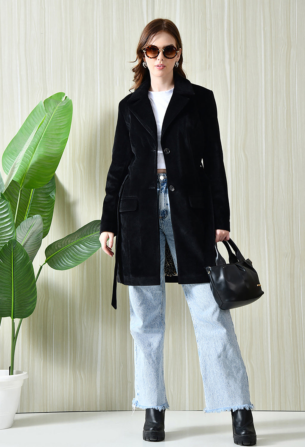 Women Single-Breasted Longline Trench Black Coat With Belt