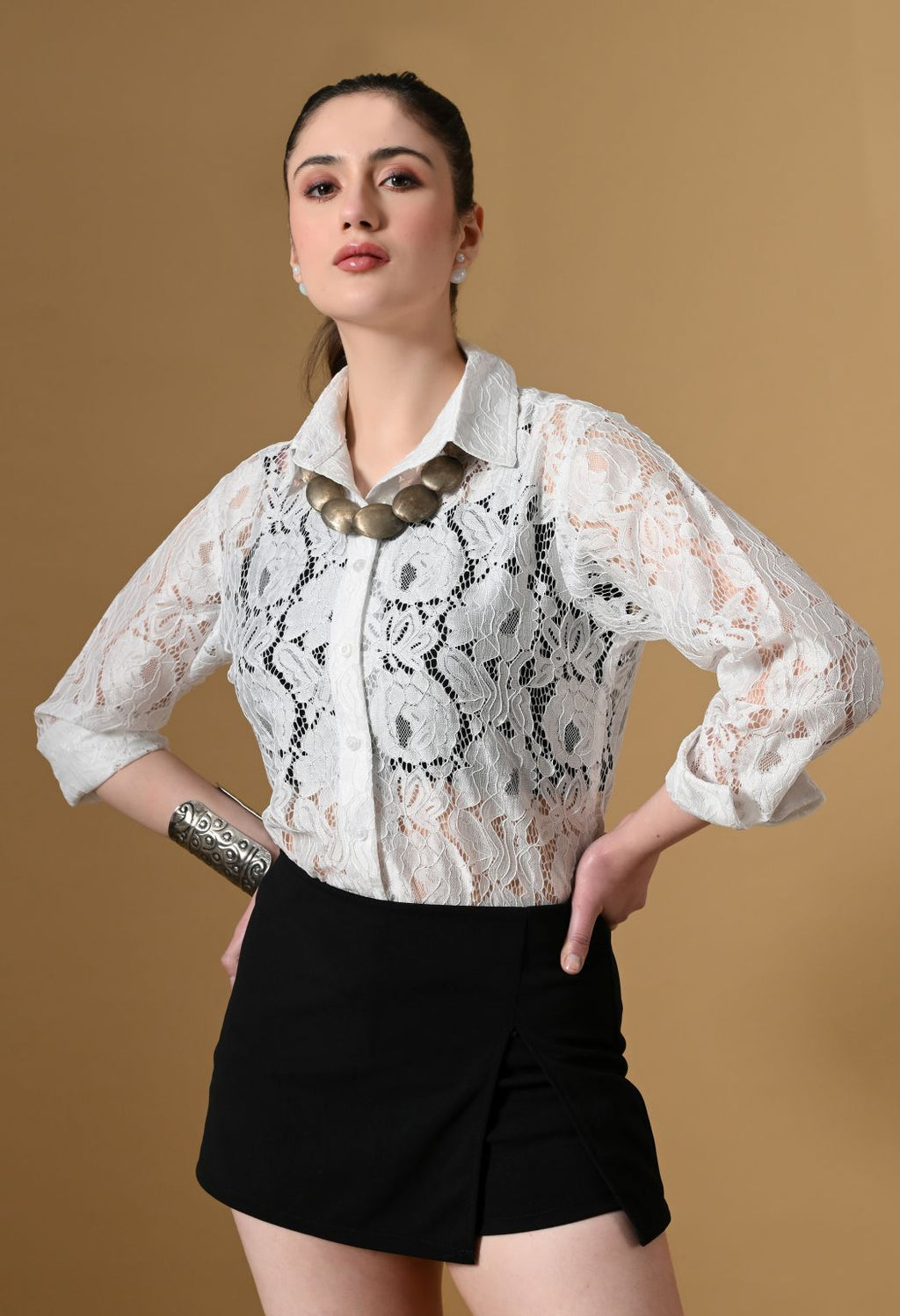 Women White Comfort Floral Sheer Casual Shirt