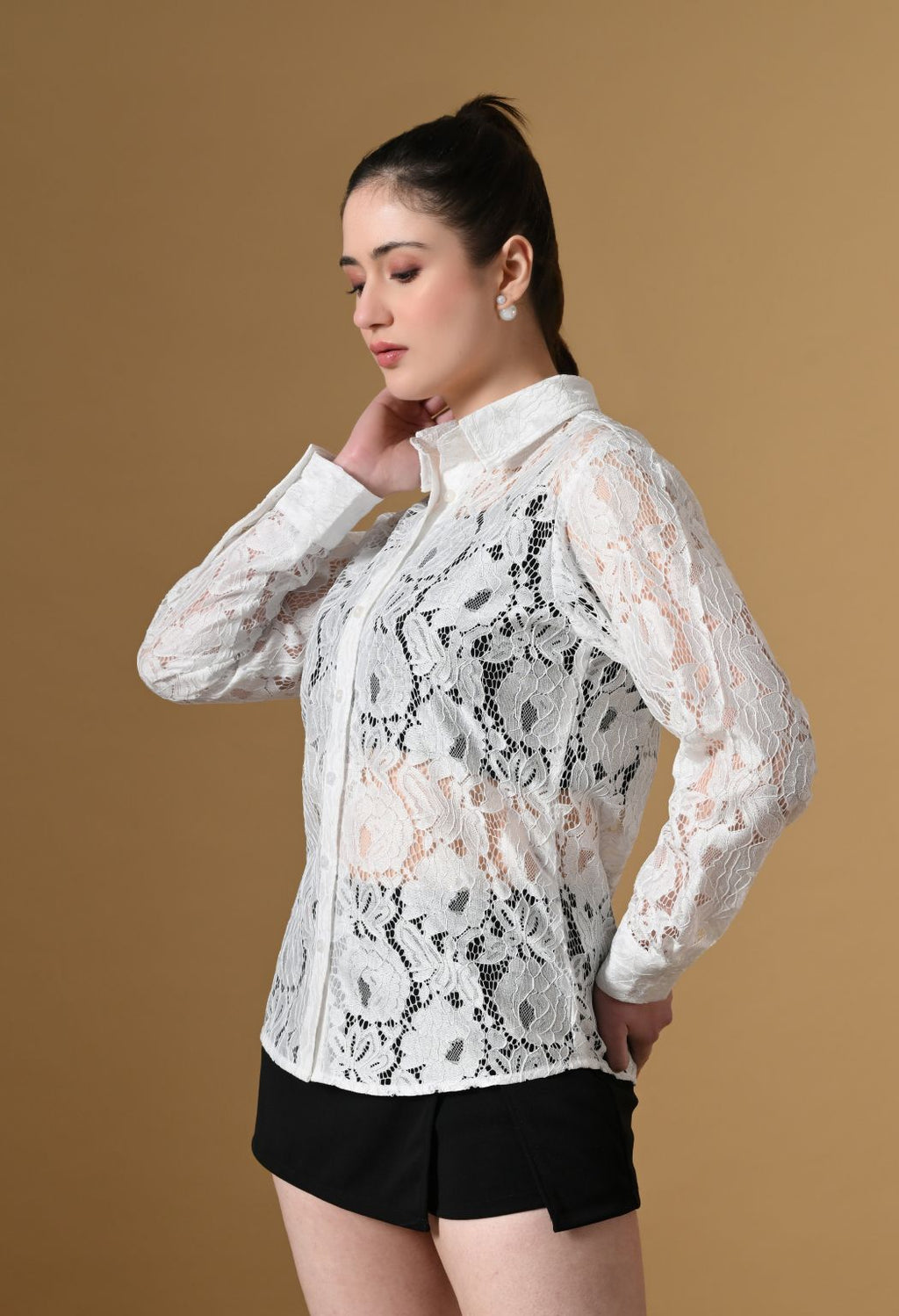 Women White Comfort Floral Sheer Casual Shirt