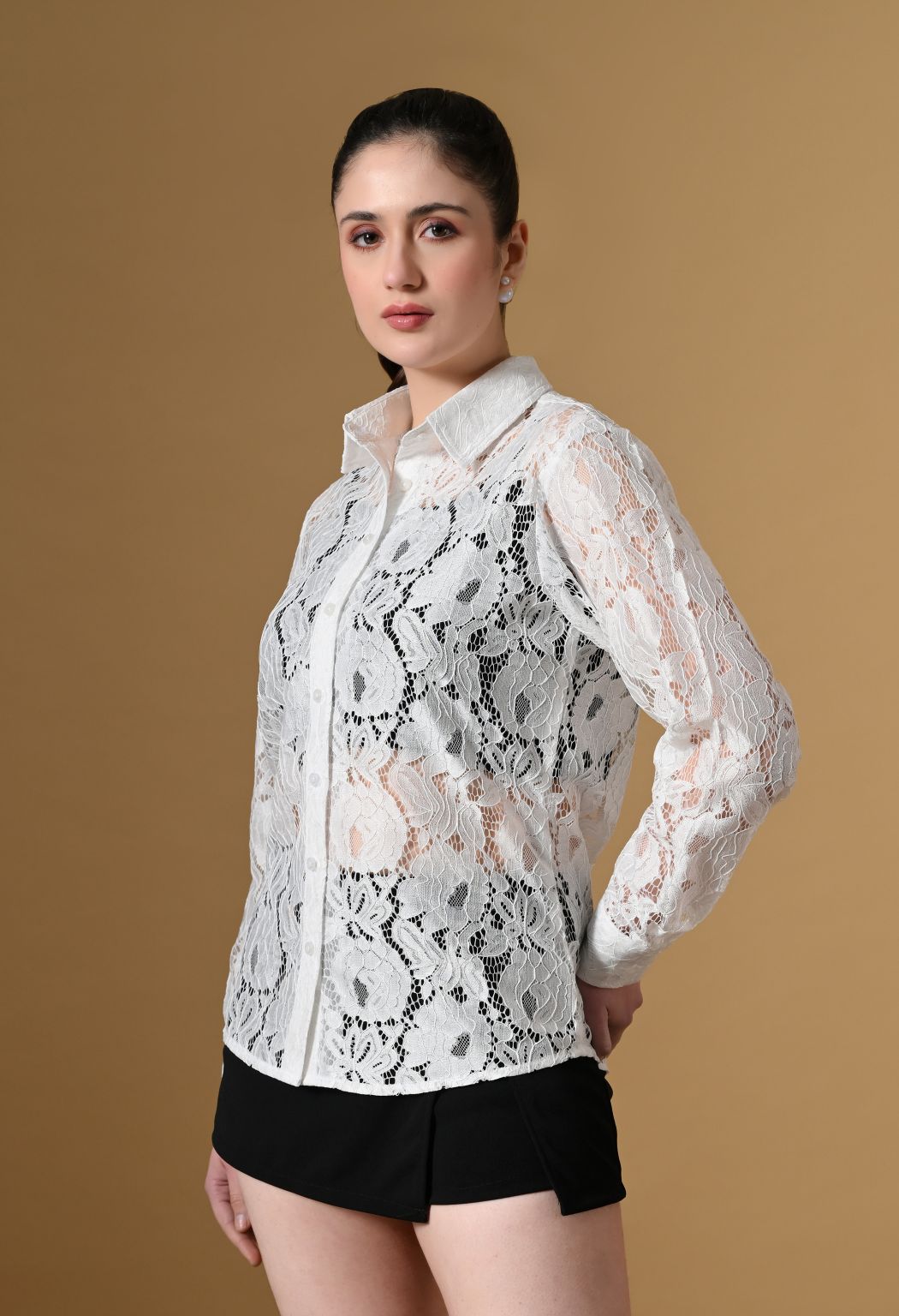 Women White Comfort Floral Sheer Casual Shirt