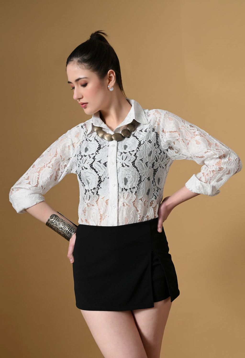 Women White Comfort Floral Sheer Casual Shirt