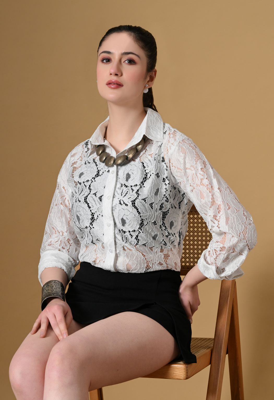 Women White Comfort Floral Sheer Casual Shirt