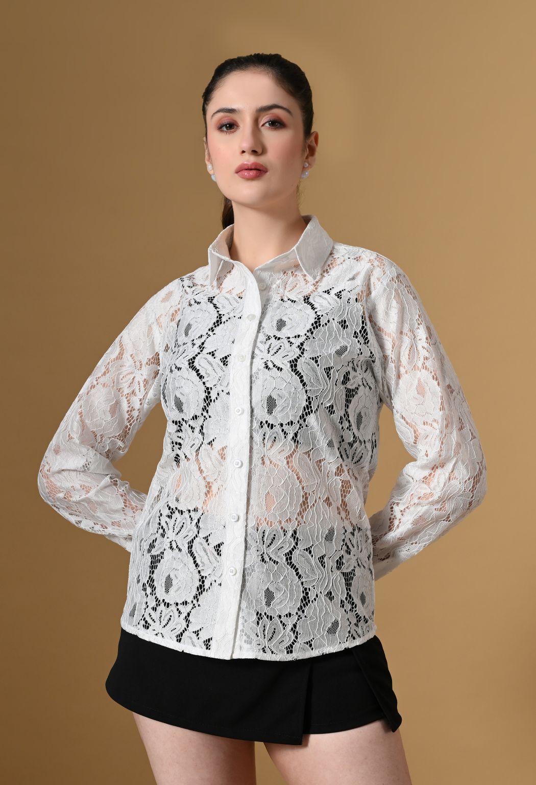 Women White Comfort Floral Sheer Casual Shirt