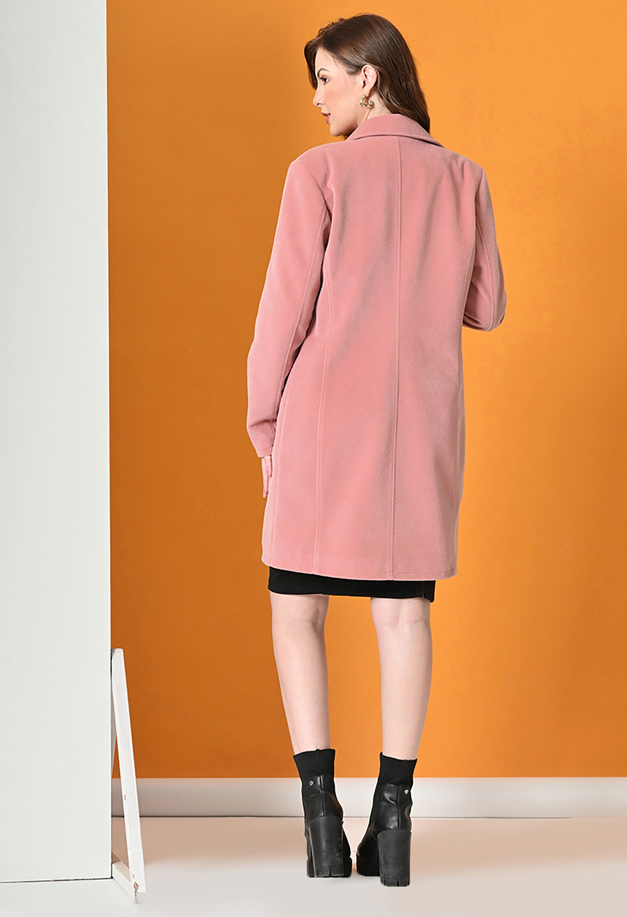 Notched Lapel Longline Trench Pink Coat For Women