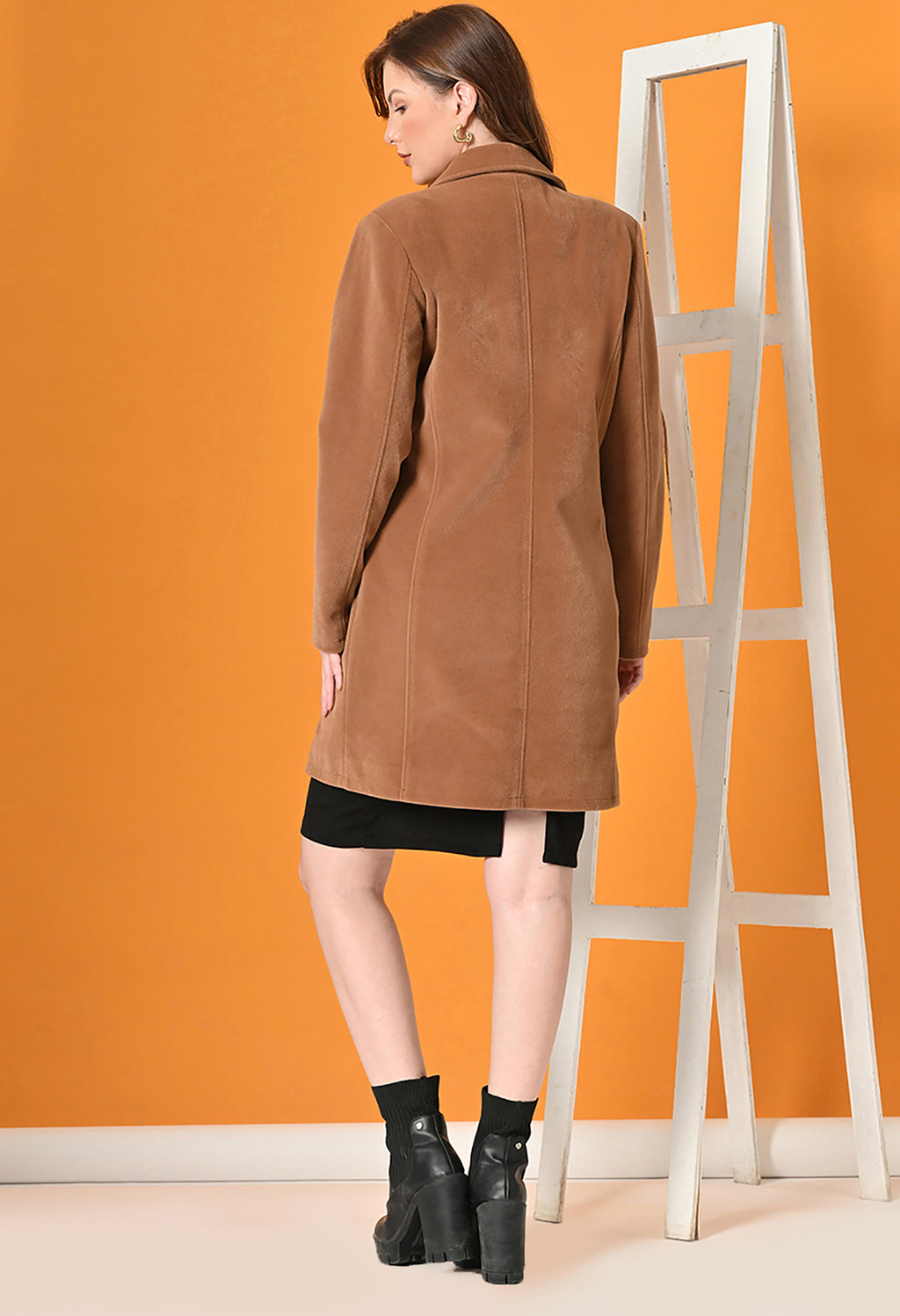 Notched Lapel Longline Trench Tan Coat For Women